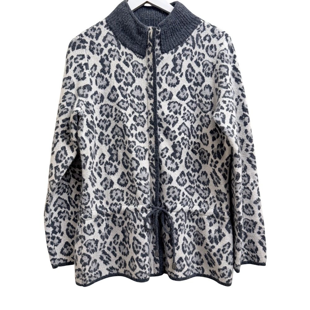 Pendleton Lambs Wool Angora Cardigan Sweater‎ Women Medium Gray Cheetah Print
